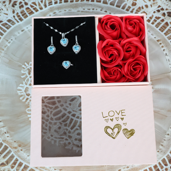 Crystal Heart Necklace,Earrings,Ring Three Piece Set Boho Bloom
