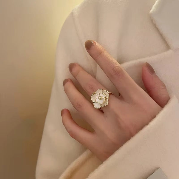 Gold Pearl Flower Open Ring Boho Bloom