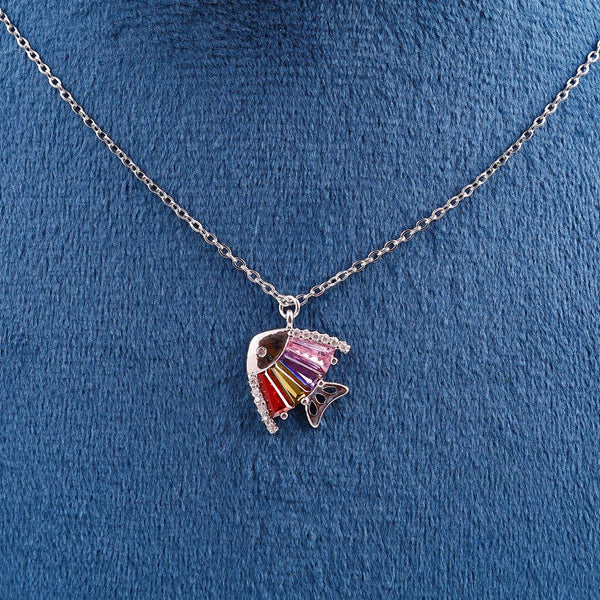 Silver Necklace with Fish-Shaped Pendant and Multicolored Gemstones Boho Bloom