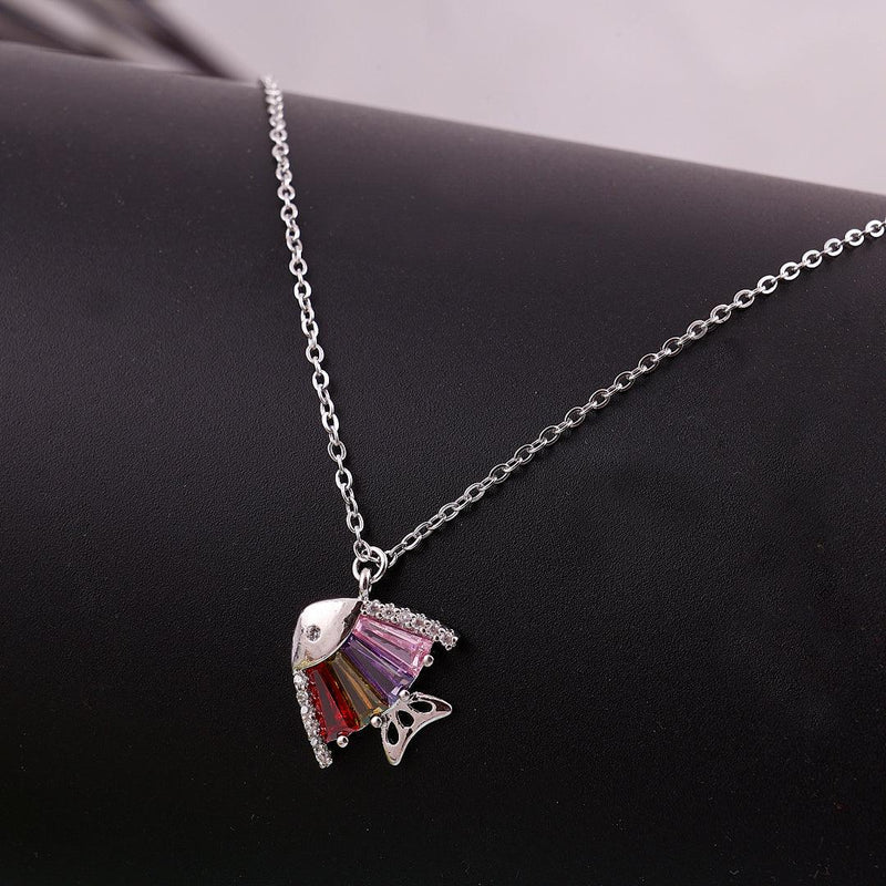 Silver Necklace with Fish-Shaped Pendant and Multicolored Gemstones Boho Bloom
