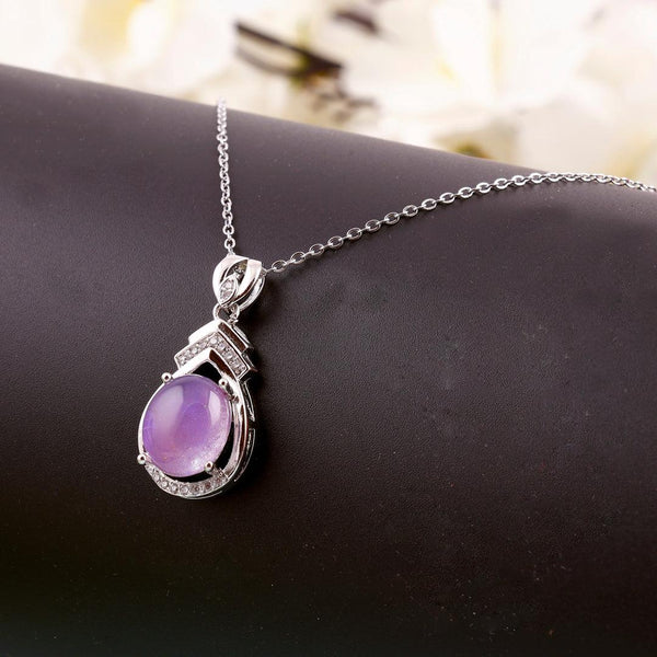 Silver Necklace with Purple Oval Pendant and Clear Accents Boho Bloom