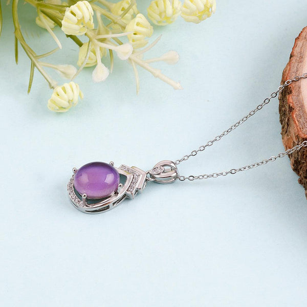 Silver Necklace with Purple Oval Pendant and Clear Accents Boho Bloom