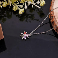 Silver Necklace with Multicolored Gemstone and Cross Pendant Boho Bloom