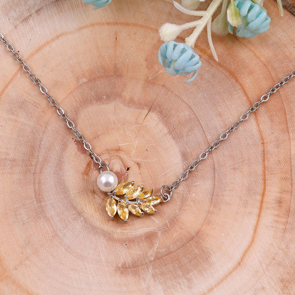 Silver Necklace with Yellow Gemstones and Pearl Pendant Boho Bloom