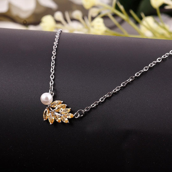 Silver Necklace with Yellow Gemstones and Pearl Pendant Boho Bloom