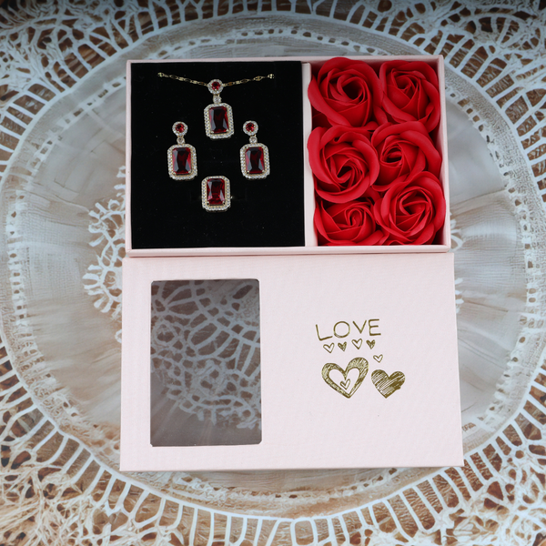 Love Red Cube Shape Necklace, Ring, Earring Set Boho Bloom