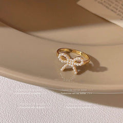 Gold Bow Ring With White Pearl Boho Bloom