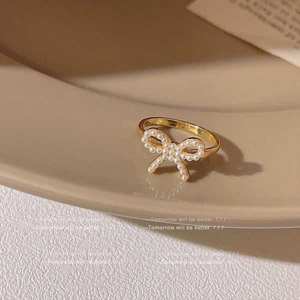 Gold Bow Ring With White Pearl Boho Bloom