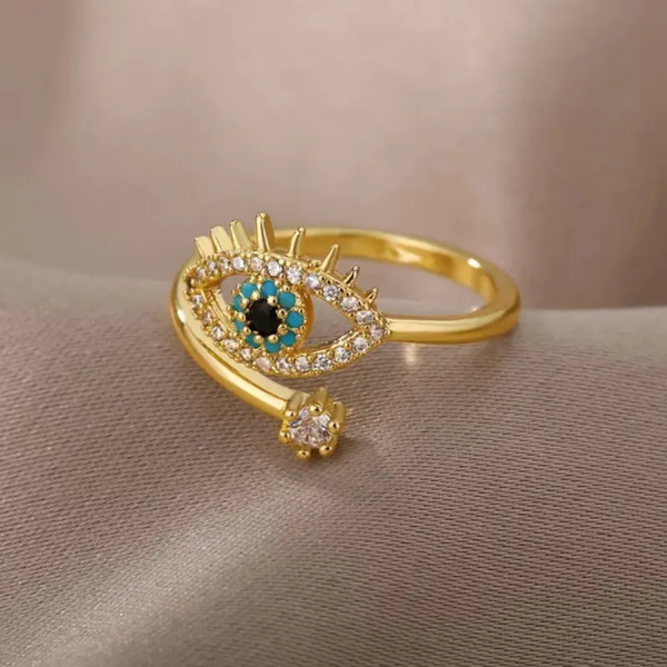 Evil Eye With Blue And white Shiny Crystal Ring Boho Bloom