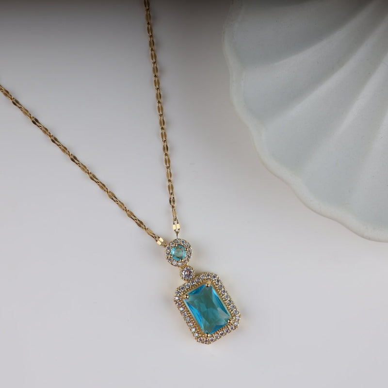 Golden-Plated blue Cubic Geometric Pendant Boho Bloom