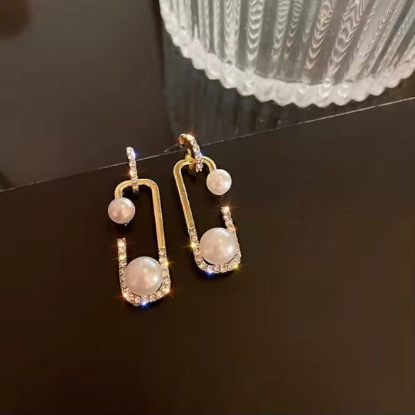 Gold Drop Earrings with Pearls and Rhinestones Boho Bloom