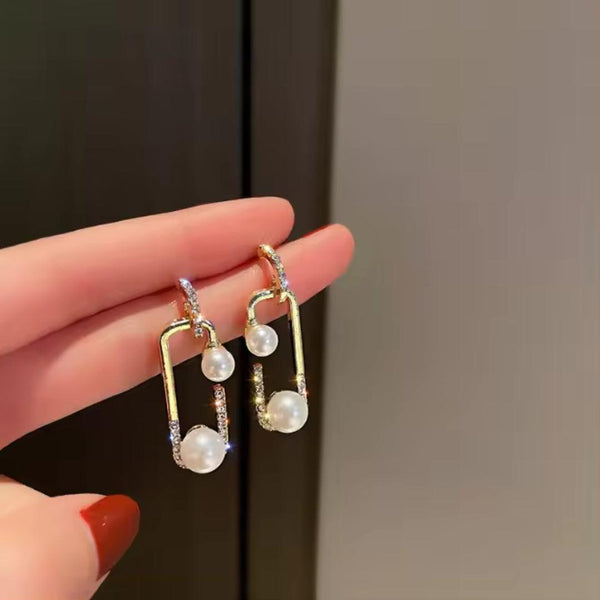 Gold Drop Earrings with Pearls and Rhinestones Boho Bloom