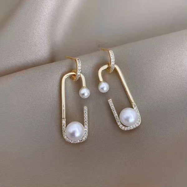 Gold Drop Earrings with Pearls and Rhinestones Boho Bloom