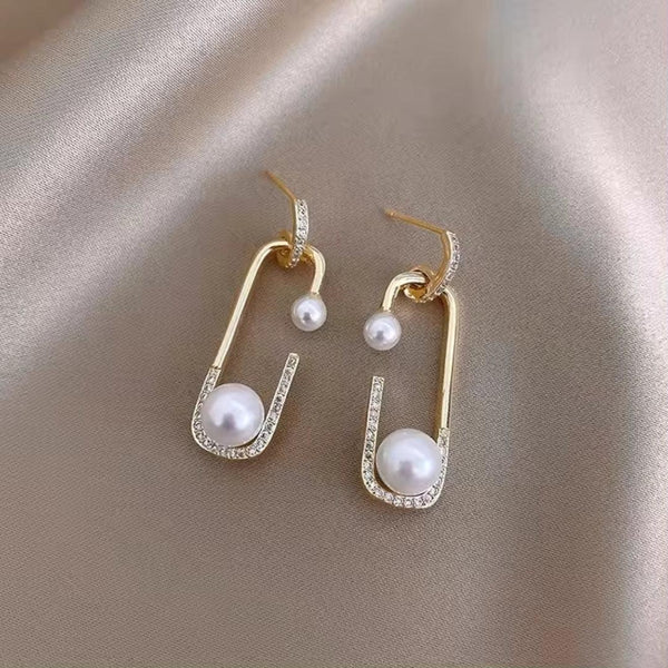 Gold Drop Earrings with Pearls and Rhinestones Boho Bloom