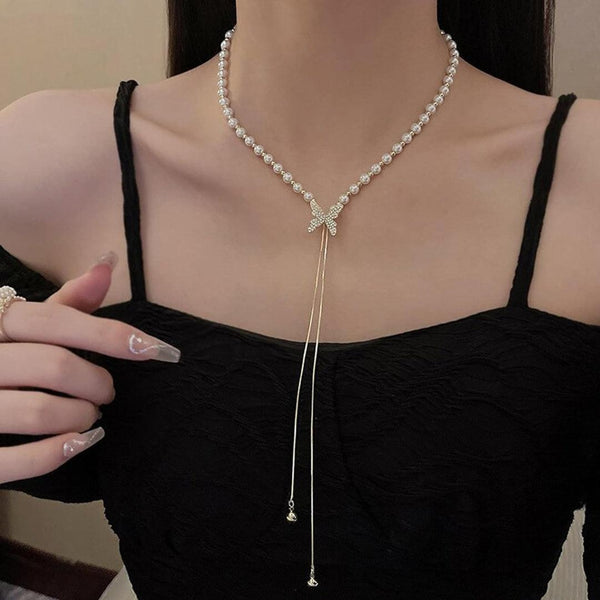 Pearl Necklace with Butterfly Pendant Boho Bloom
