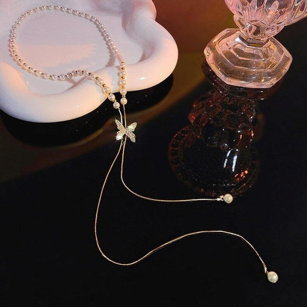 Pearl Necklace with Butterfly Pendant Boho Bloom