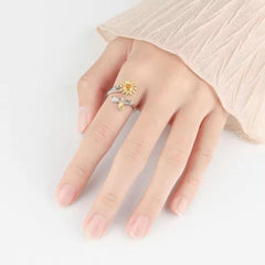 Adjustable Sunflower and Dragonfly Silver Ring Boho Bloom