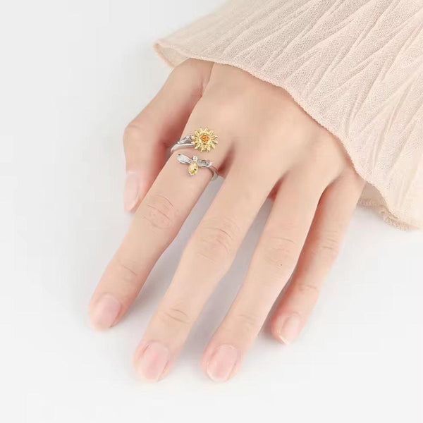 Adjustable Sunflower and Dragonfly Silver Ring Boho Bloom