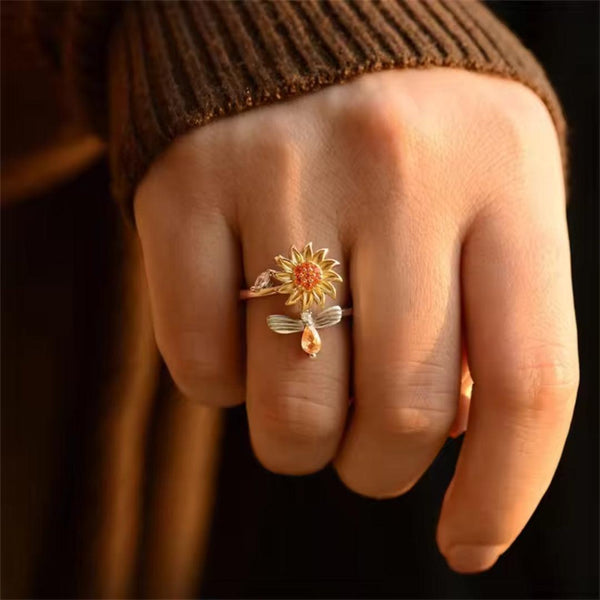 Adjustable Sunflower and Dragonfly Silver Ring Boho Bloom