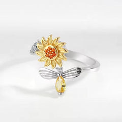 Adjustable Sunflower and Dragonfly Silver Ring Boho Bloom