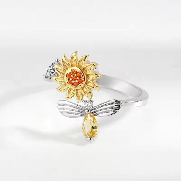 Adjustable Sunflower and Dragonfly Silver Ring Boho Bloom