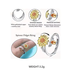 Adjustable Sunflower and Dragonfly Silver Ring Boho Bloom