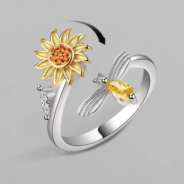 Adjustable Sunflower and Dragonfly Silver Ring Boho Bloom