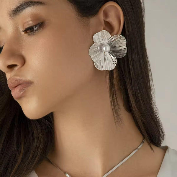 Floral Statement Earrings with Pearl Center Boho Bloom