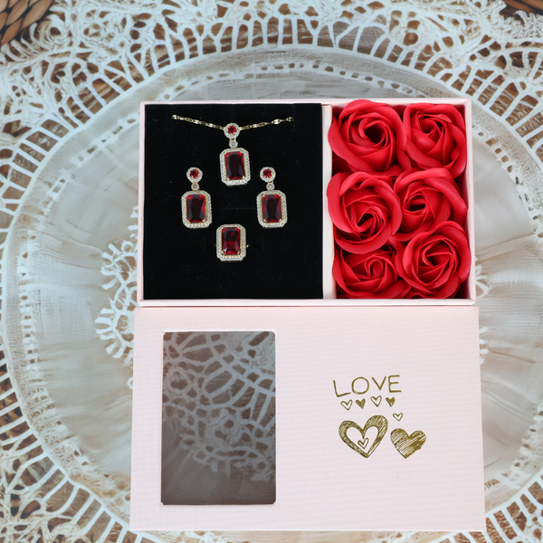Love Red Cube Shape Necklace, Ring, Earring Set Boho Bloom