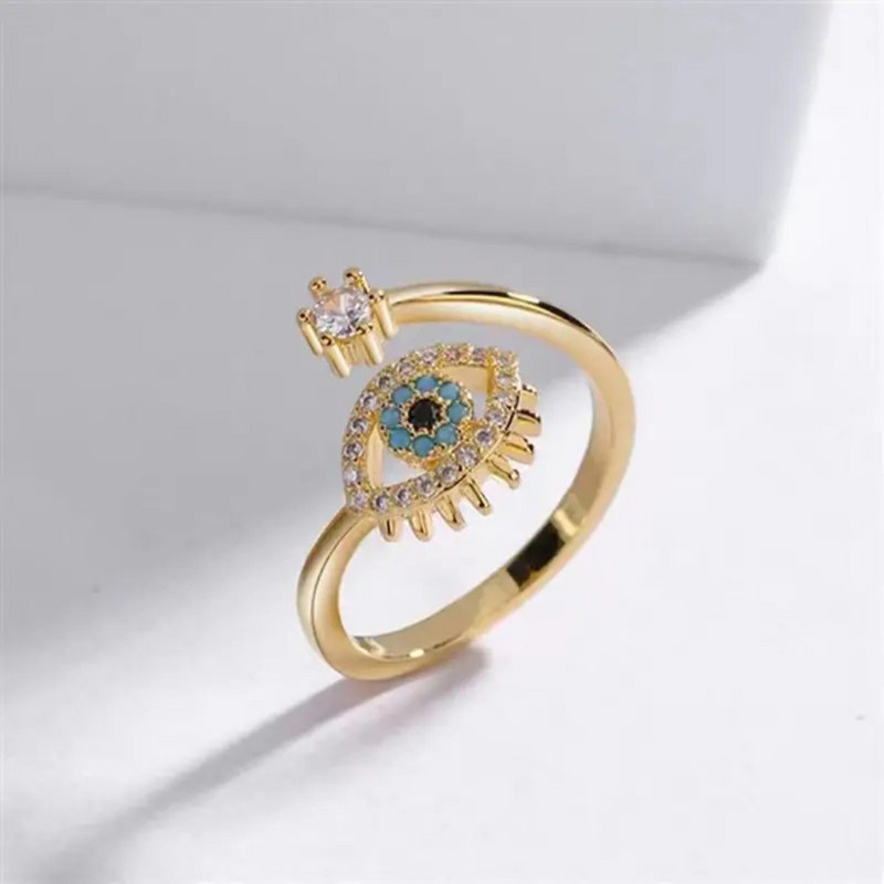 Evil Eye With Blue And white Shiny Crystal Ring Boho Bloom