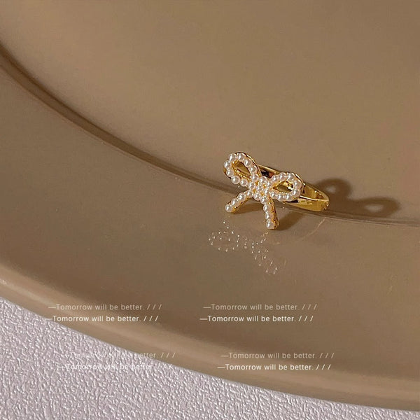 Gold Bow Ring With White Pearl Boho Bloom