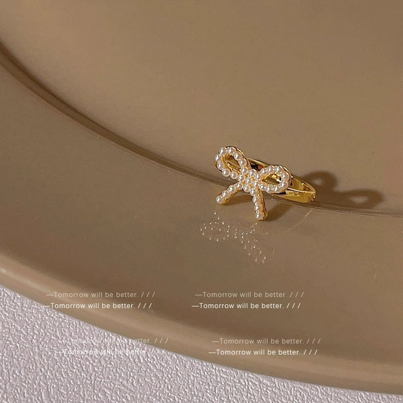 Gold Bow Ring With White Pearl Boho Bloom
