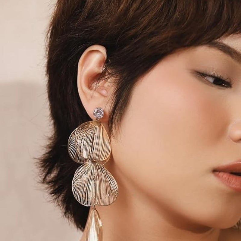 Rose Gold Metal Leaf Long Stud Earrings Boho Bloom