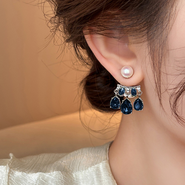Blue Crystal And Double Pearl Earring Boho Bloom