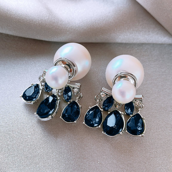 Blue Crystal And Double Pearl Earring Boho Bloom