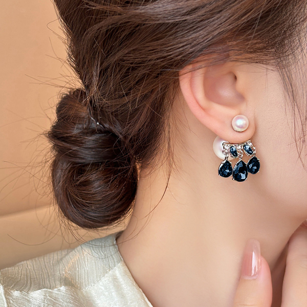 Blue Crystal And Double Pearl Earring Boho Bloom