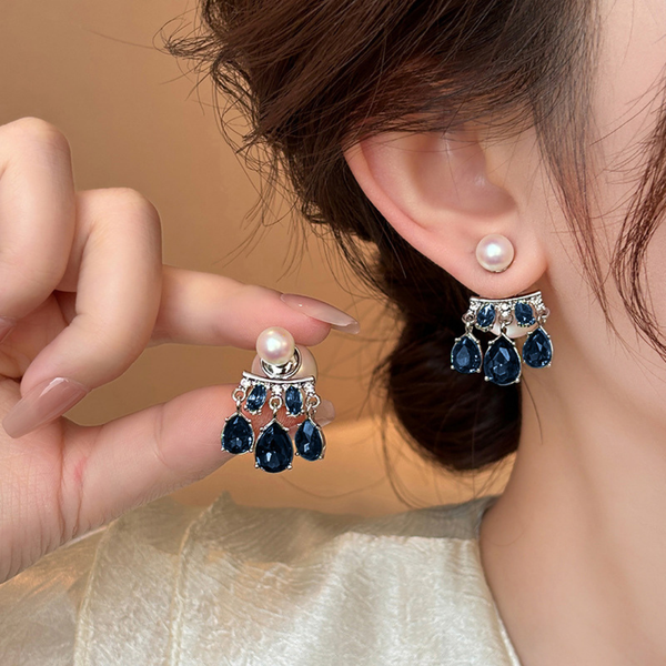 Blue Crystal And Double Pearl Earring Boho Bloom