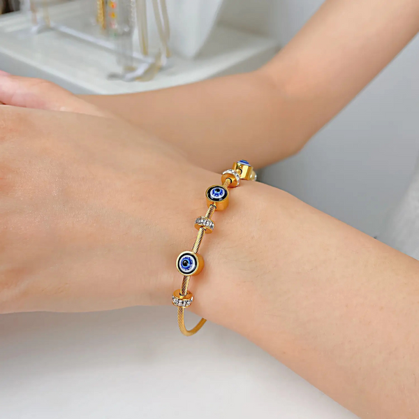 Stainless Steel Zircon Studded Gold Evil Eye Bracelet for Women Kada Boho Bloom