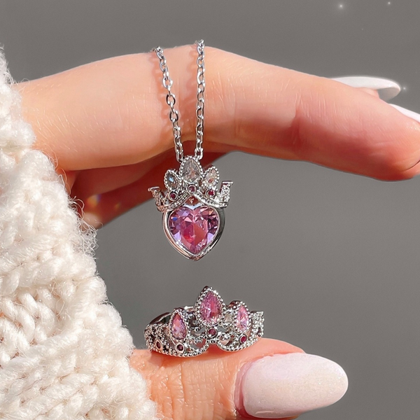 Love Pink Crown Necklace, Ring Set Boho Bloom