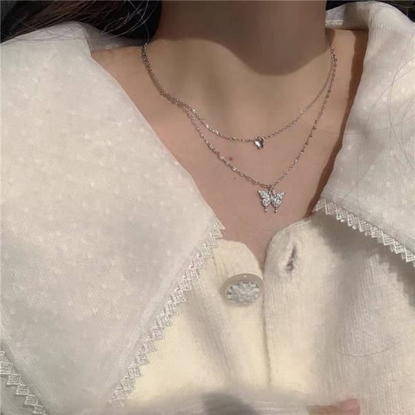 Silver Double Chain Butterfly Necklace Boho Bloom