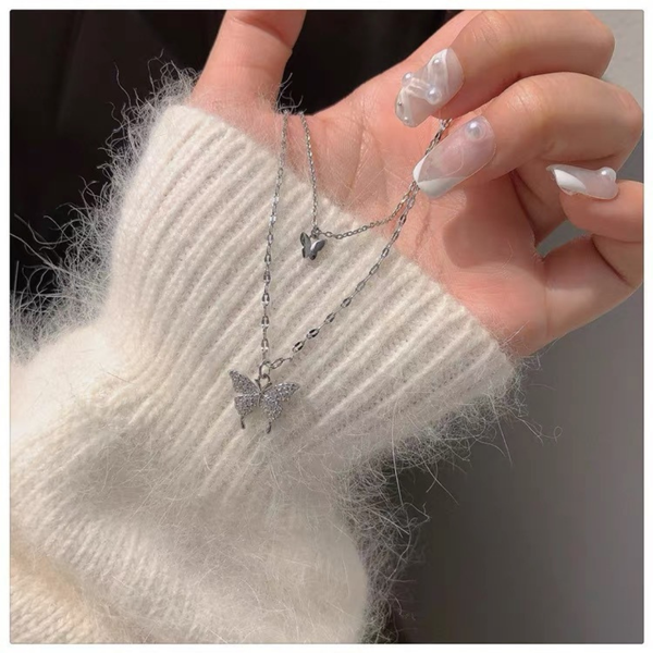 Silver Double Chain Butterfly Necklace Boho Bloom