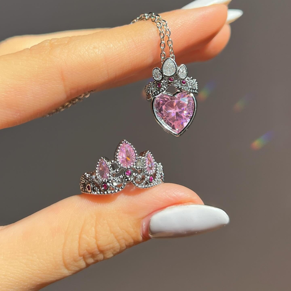Love Pink Crown Necklace, Ring Set Boho Bloom