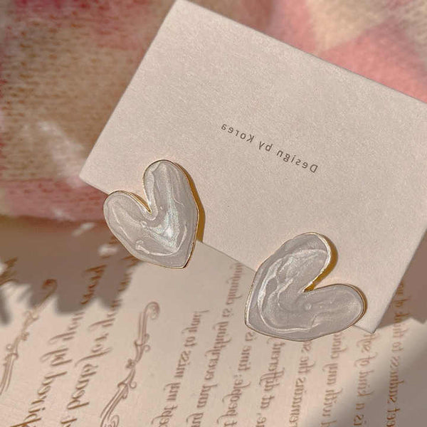 White Color Big Heart Stud Earrings Boho Bloom