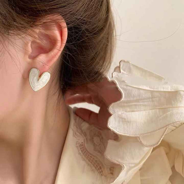 White Color Big Heart Stud Earrings Boho Bloom