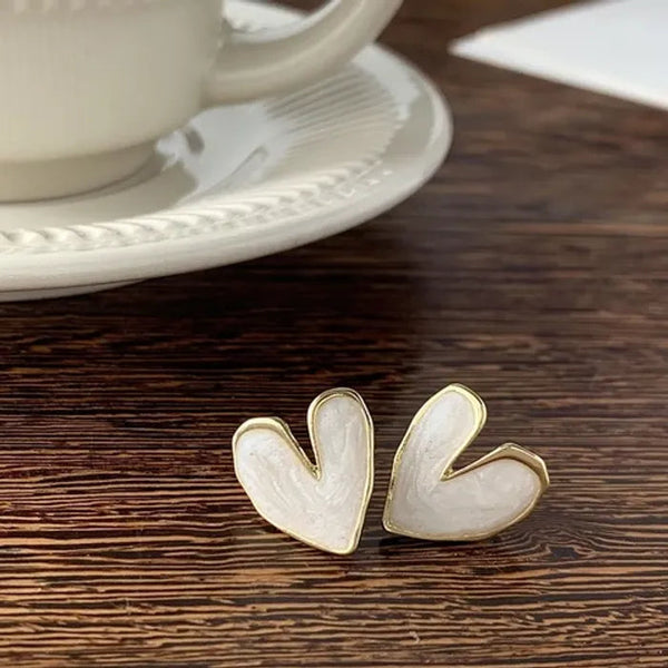 White Color Big Heart Stud Earrings Boho Bloom