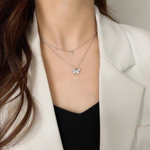 Silver Double Chain Butterfly Necklace Boho Bloom