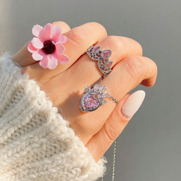 Love Pink Crown Necklace, Ring Set Boho Bloom