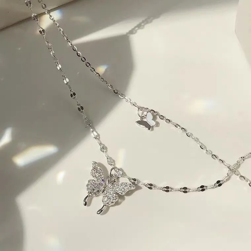 Silver Double Chain Butterfly Necklace Boho Bloom