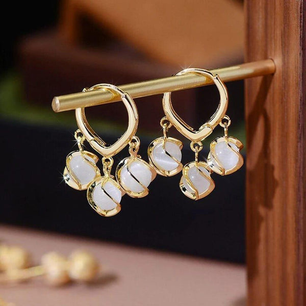 Gold-Toned Hoop Earrings with Dangling White Stone Charms Boho Bloom