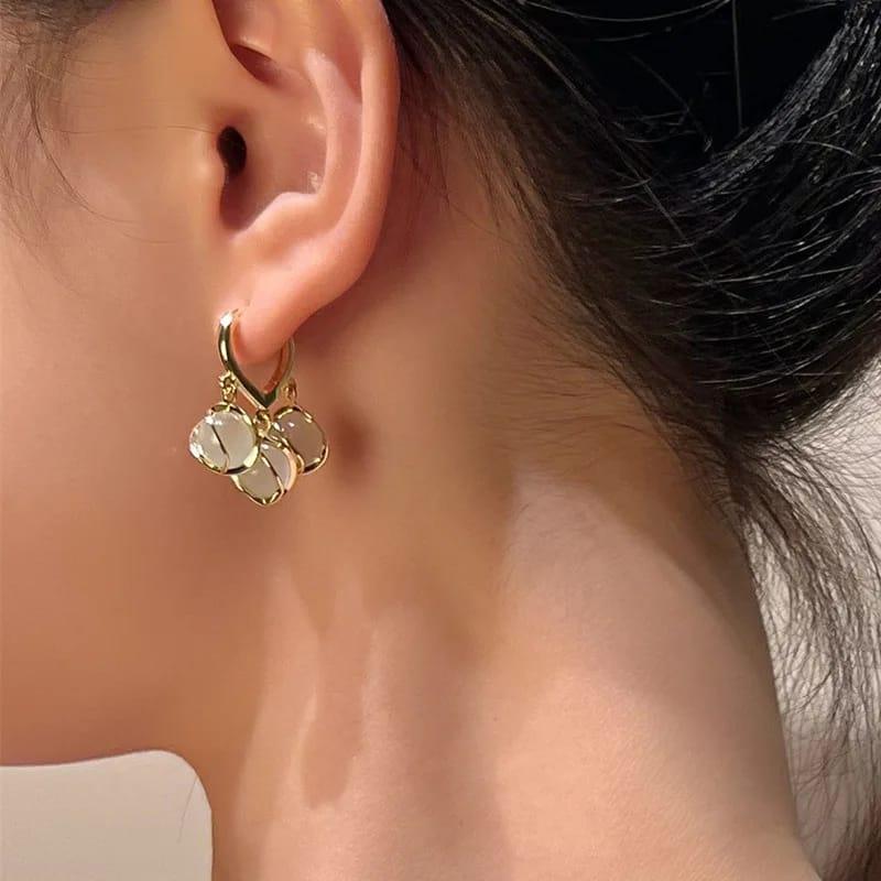 Gold-Toned Hoop Earrings with Dangling White Stone Charms Boho Bloom